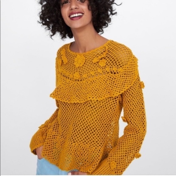 NWT Zara Mustard Crochet Knit Sweater Ruffle - Picture 2 of 6